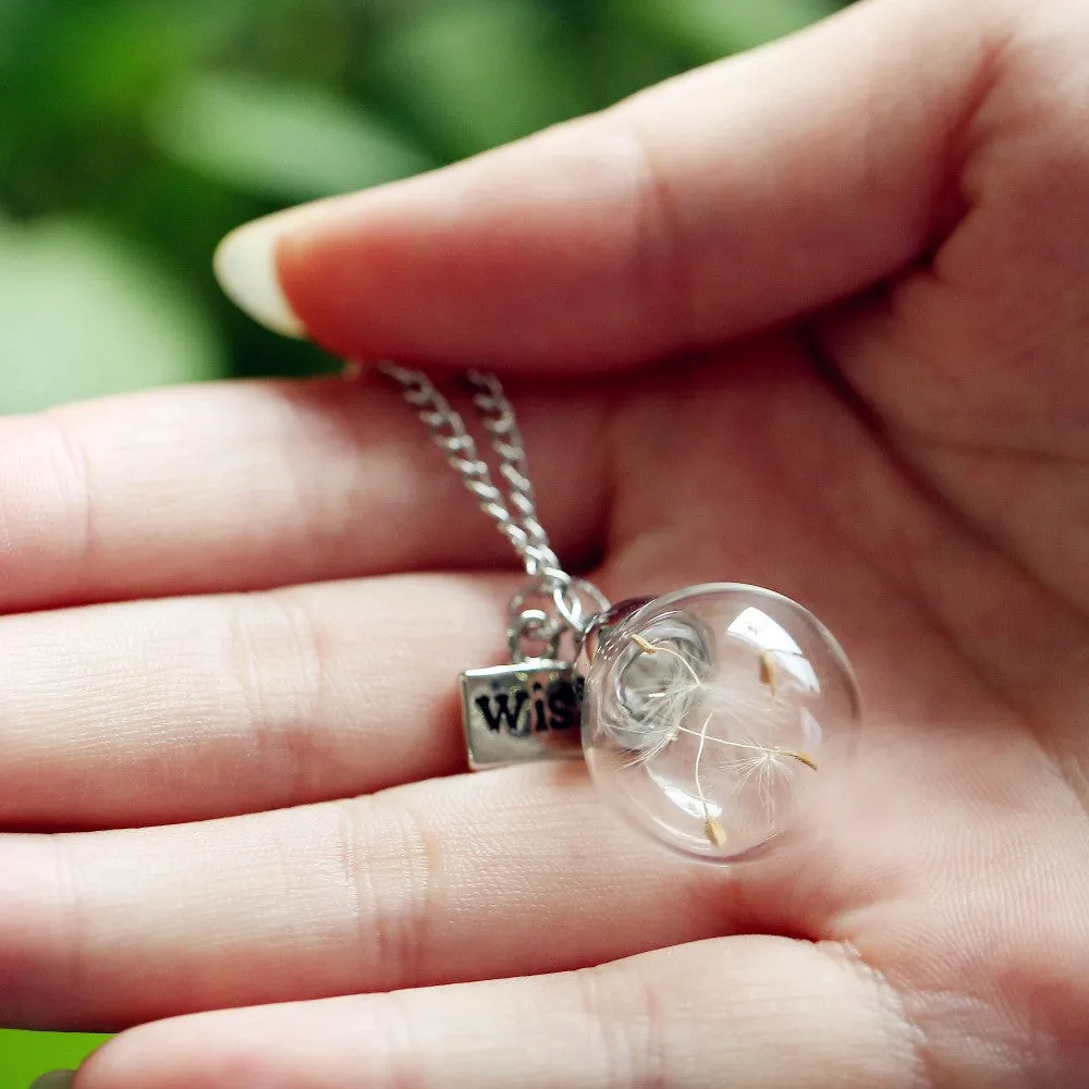 New Wish bottle Necklace Real Dandelion Seeds Water Drop Bottle Botanical Pendant Necklace For Women