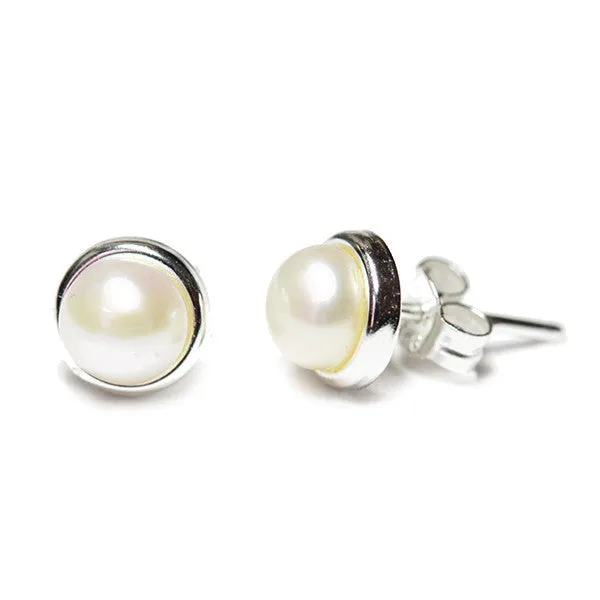 "Frosty" Sterling Silver Freshwater Pearl Stud Earrings 8mm