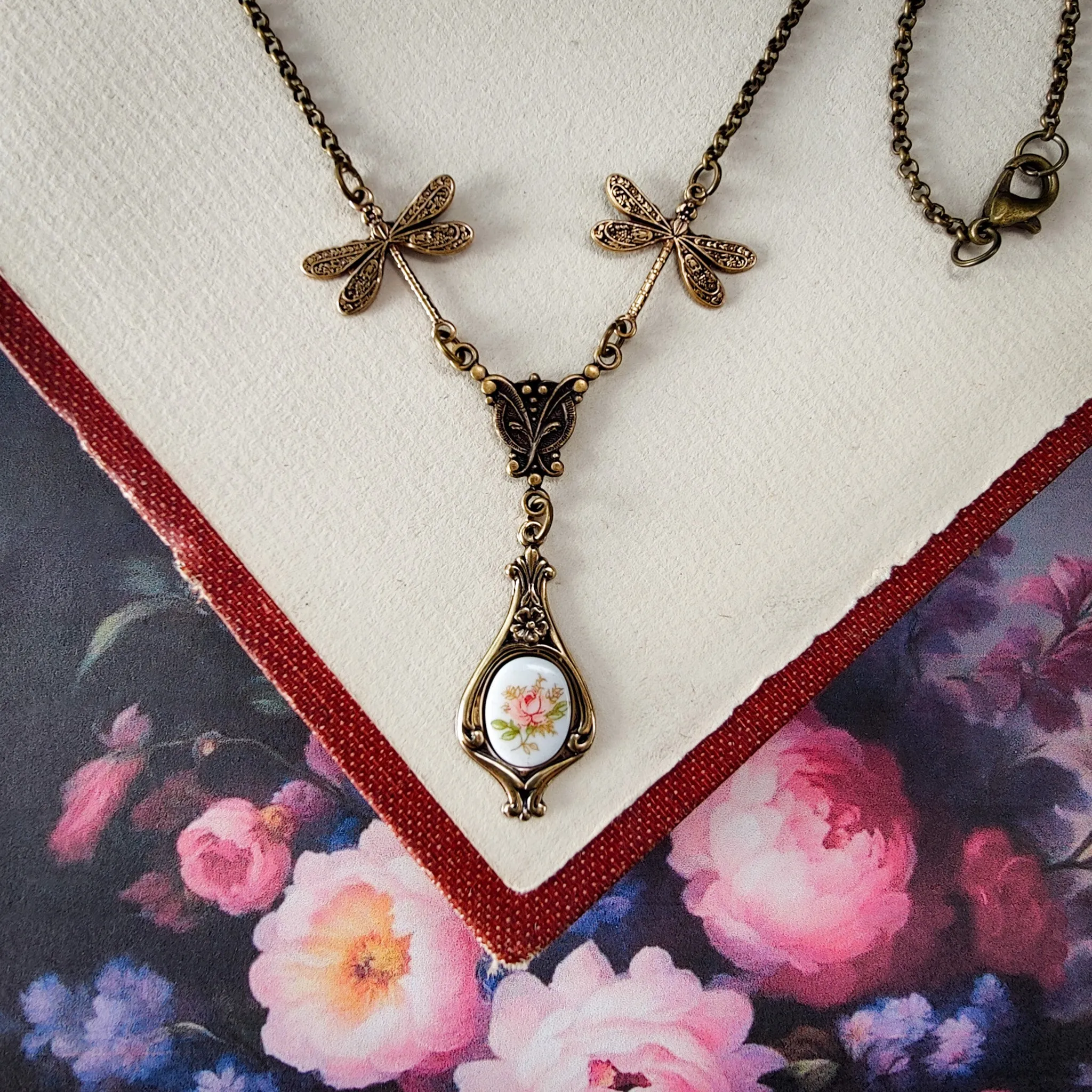 Rose Cameo Necklace with Dragonflies in Antiqued Brass or Silver Choose Blue, Yellow, or Pink