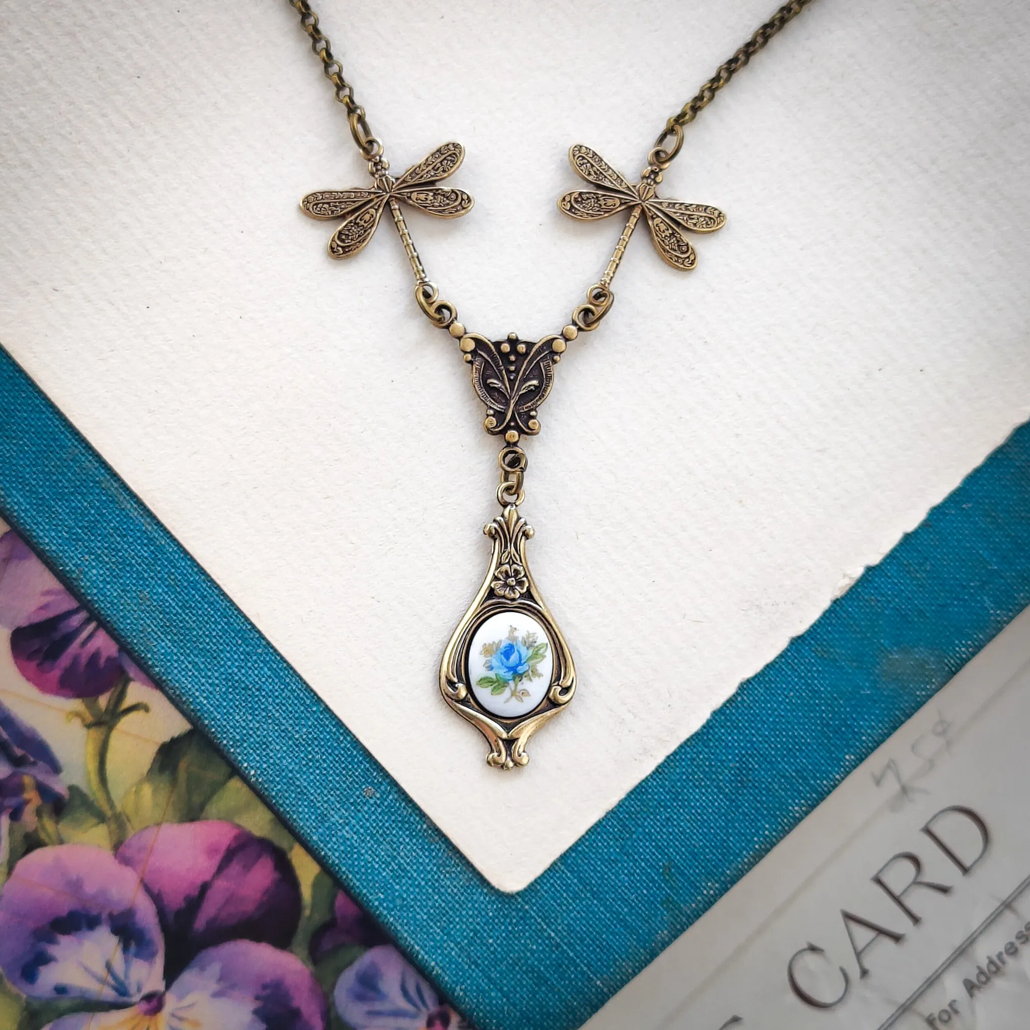 Rose Cameo Necklace with Dragonflies in Antiqued Brass or Silver Choose Blue, Yellow, or Pink