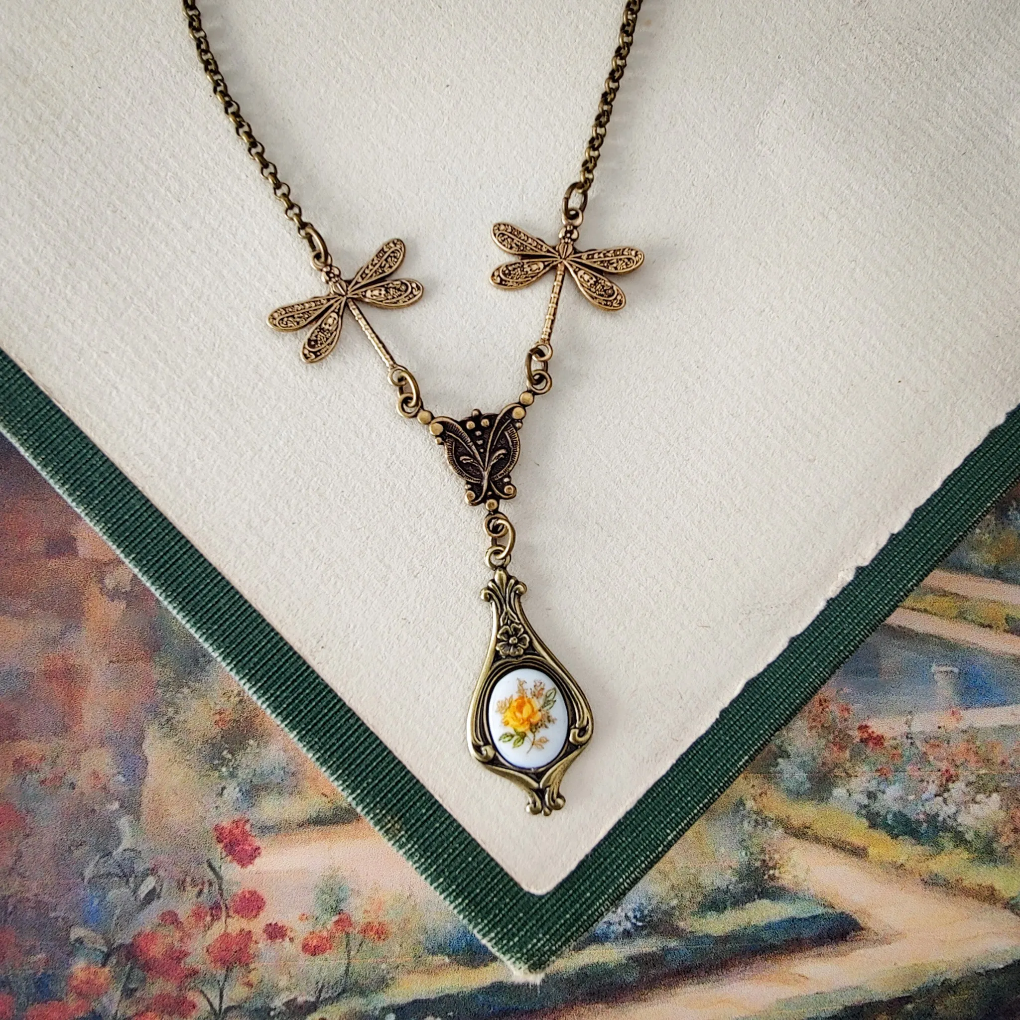 Rose Cameo Necklace with Dragonflies in Antiqued Brass or Silver Choose Blue, Yellow, or Pink