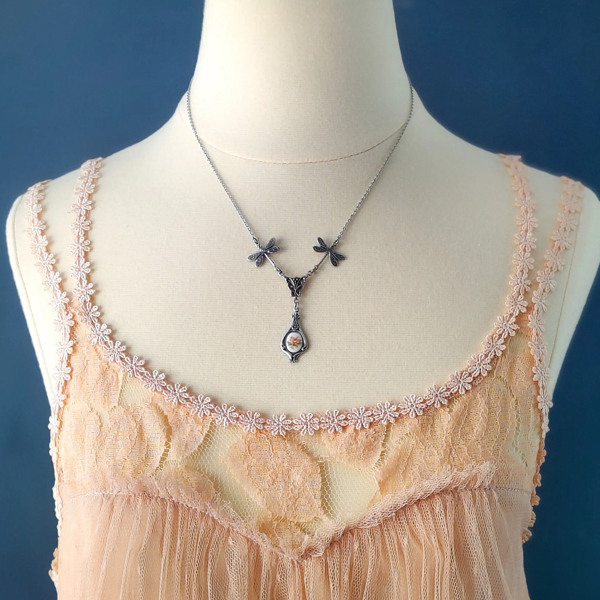 Rose Cameo Necklace with Dragonflies in Antiqued Brass or Silver Choose Blue, Yellow, or Pink