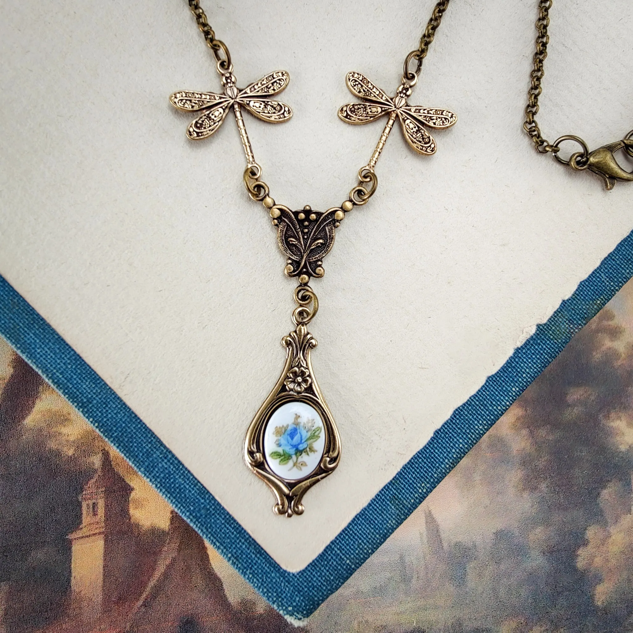 Rose Cameo Necklace with Dragonflies in Antiqued Brass or Silver Choose Blue, Yellow, or Pink