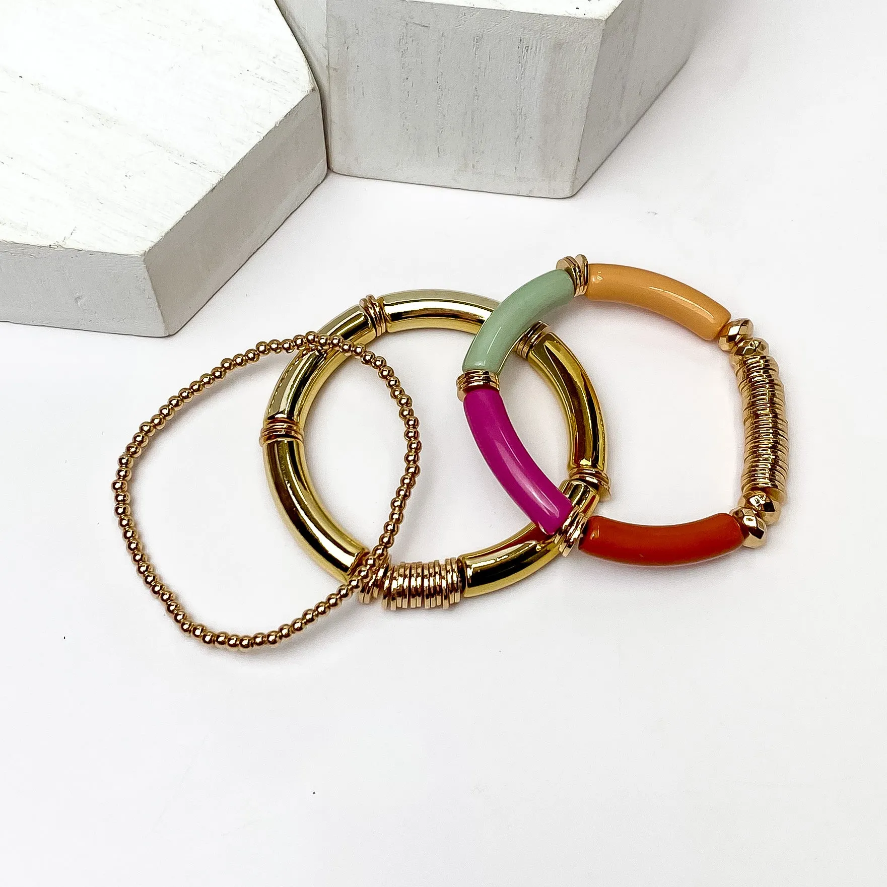 Set of Three | Bahama Nights Gold Tone Tube Bracelet Set in Multicolor