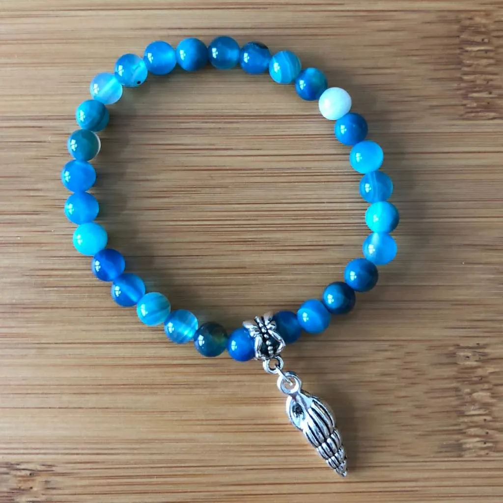 Sky Blue Fire Agate Beaded Bracelet with Silver Shell Charm