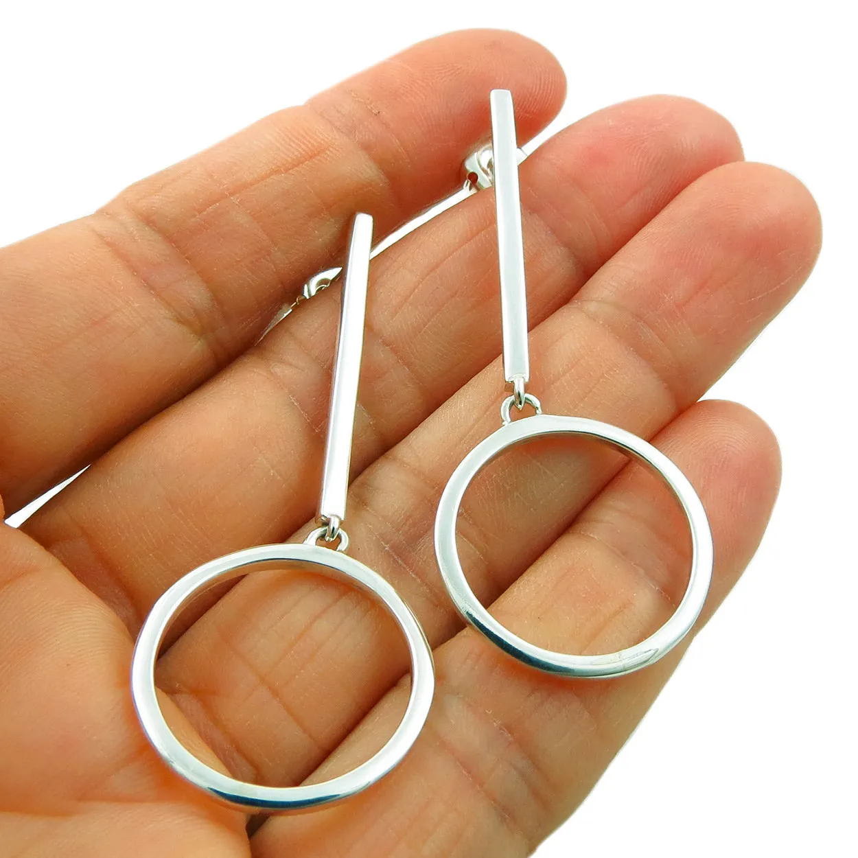 Sterling Silver Circle and Stick Drop Earrings