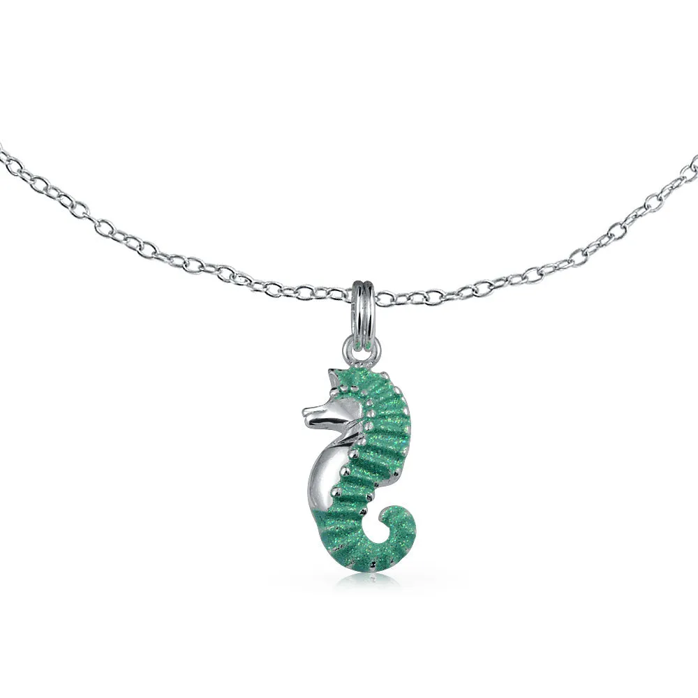 Teal Enamel Seahorse Charm Anklet Ankle Bracelet Sterling Silver 9-10 Inch