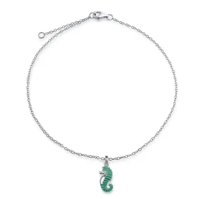 Teal Enamel Seahorse Charm Anklet Ankle Bracelet Sterling Silver 9-10 Inch