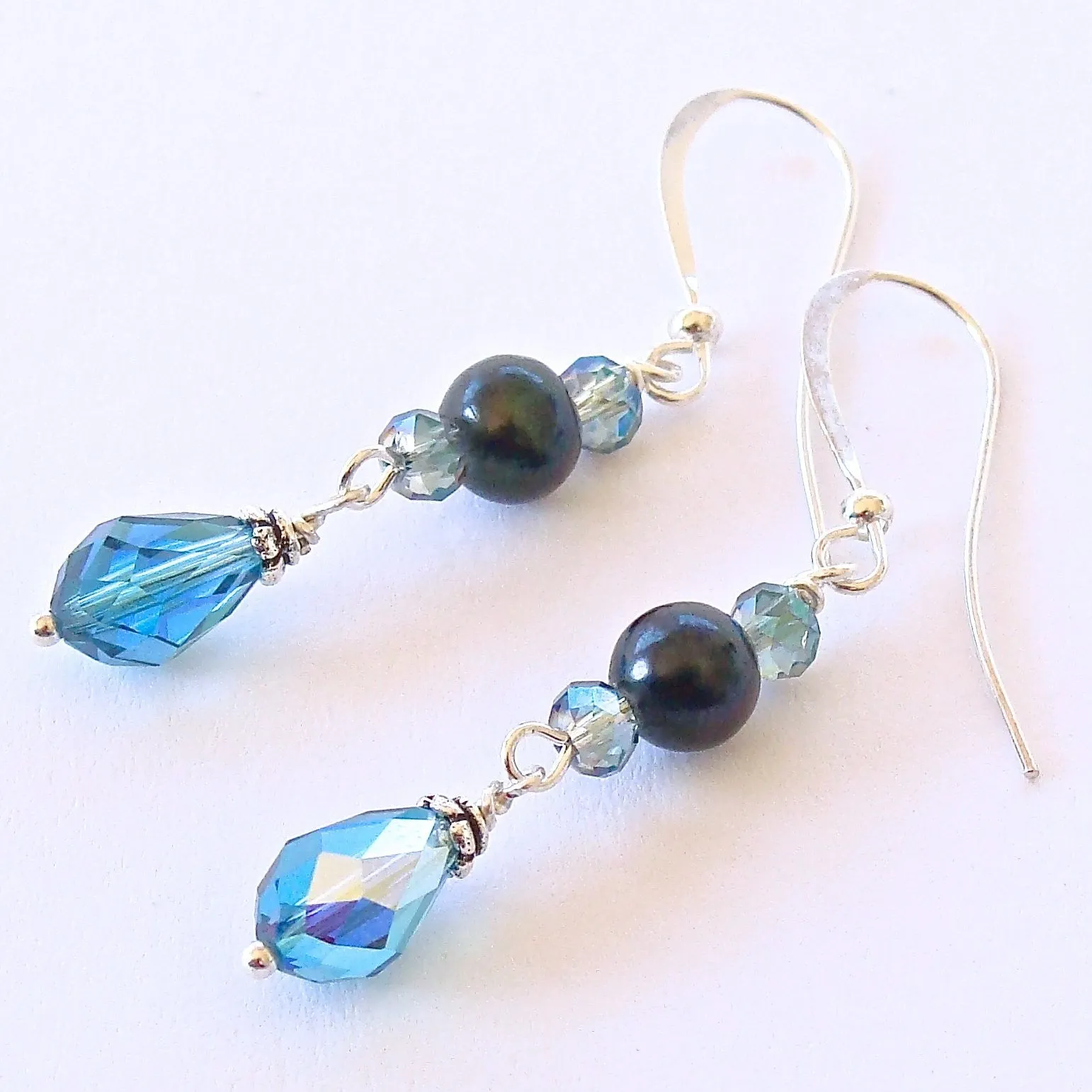 Teal Swarovski Crystal and Pearl Earrings