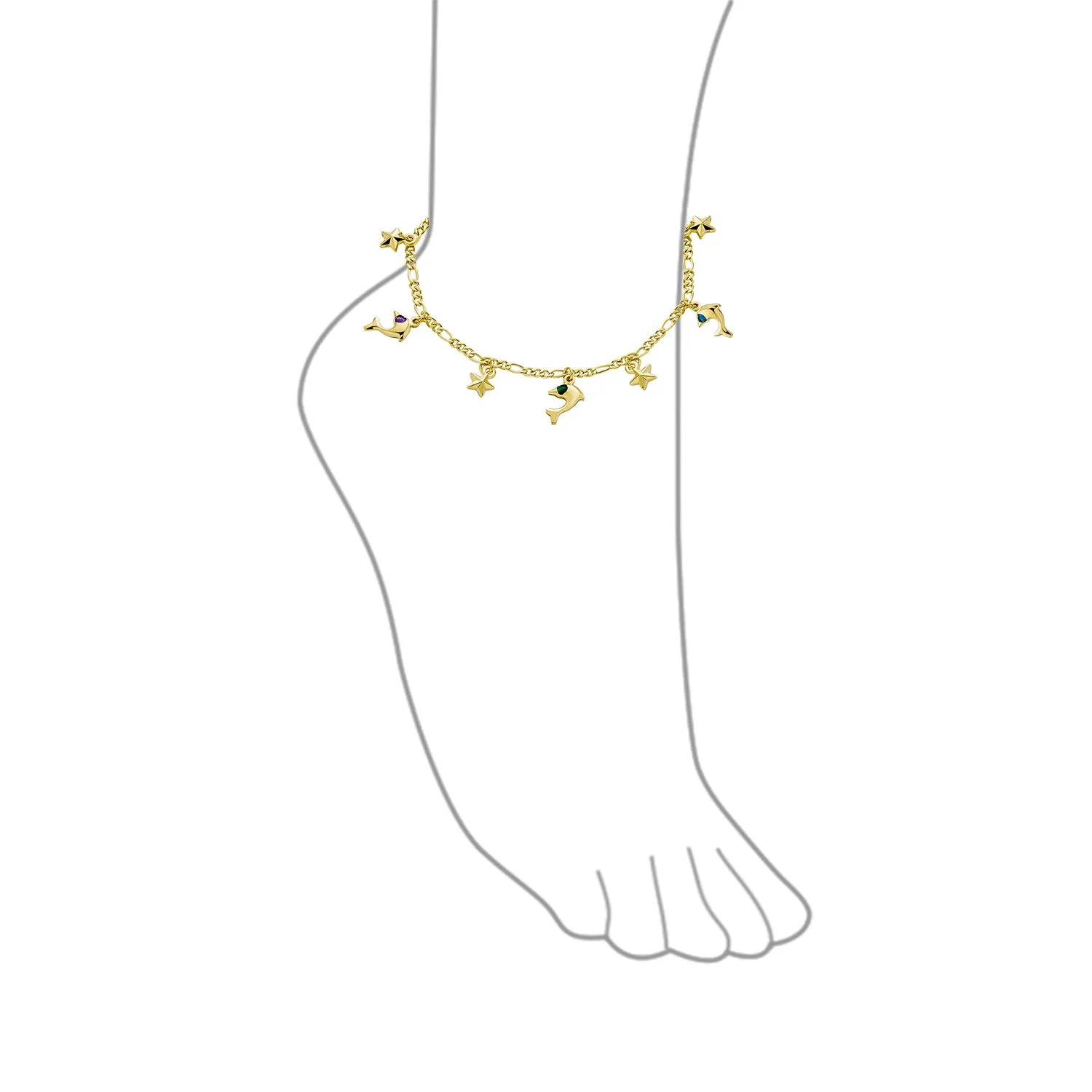 Tropical Nautical Stars Dolphin Charm Anklet Ankle Bracelet 18K Gold 10 Inch