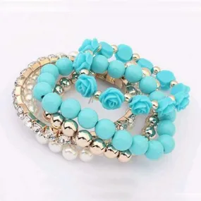 Turquoise Multi Layered Bead and Flower Bracelet Set