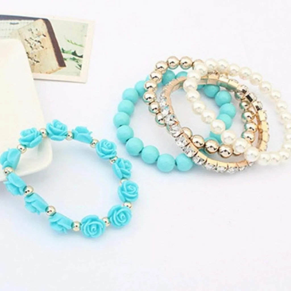 Turquoise Multi Layered Bead and Flower Bracelet Set