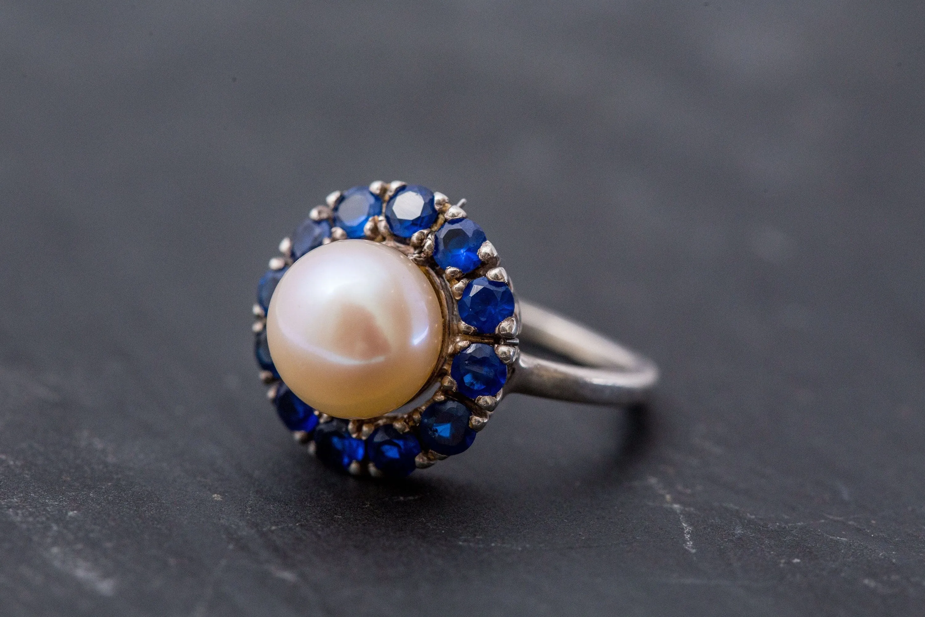 Victorian Pearl Ring - Sapphire Flower Ring - Pearl Statement Ring