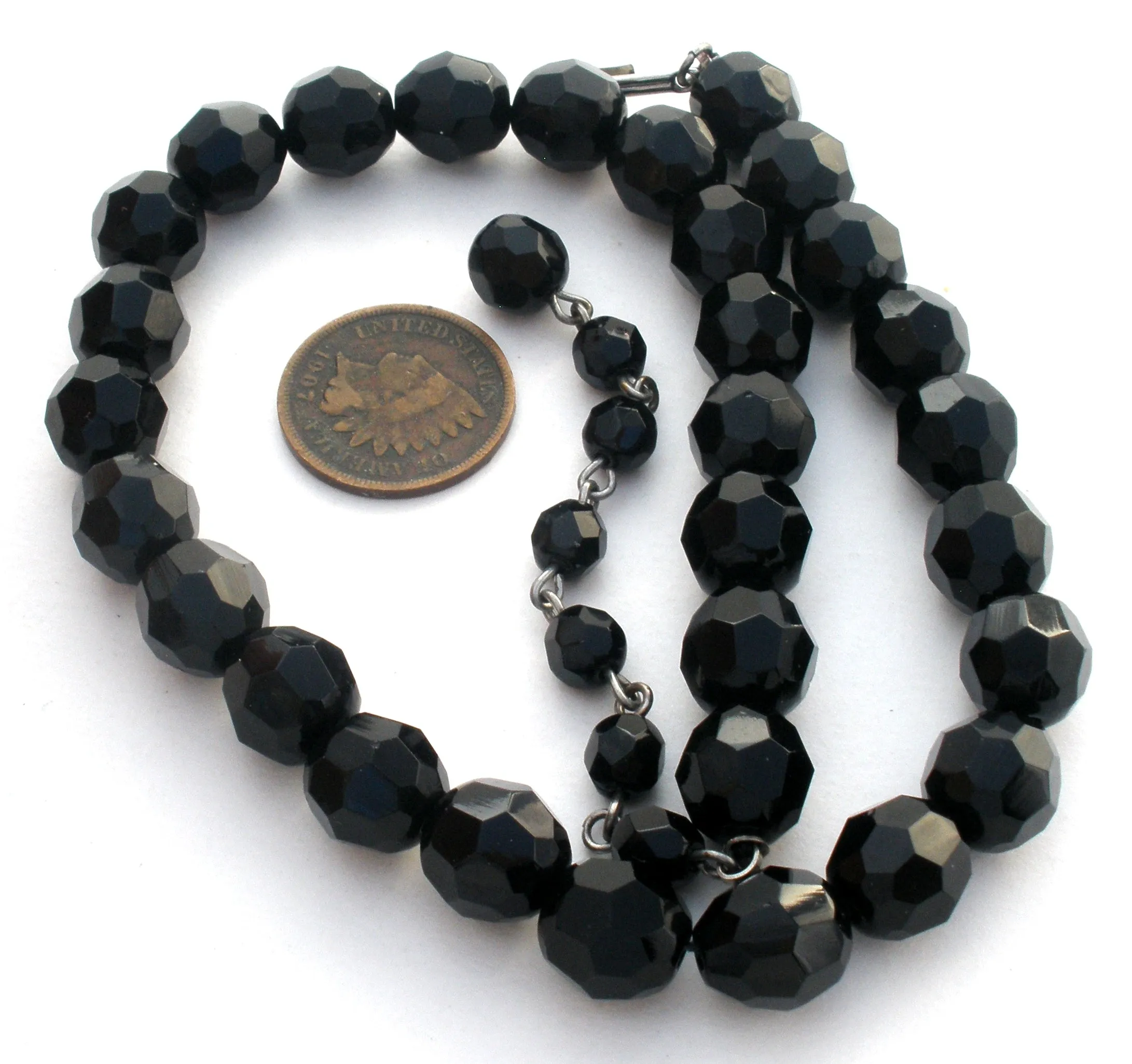 Vintage Black Glass Bead Necklace 15"