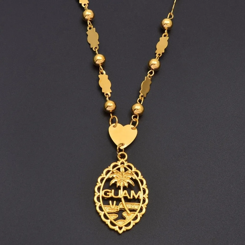 Vintage Guam Pendant With 6mm Ball Beads Necklace-18K Gold Plated