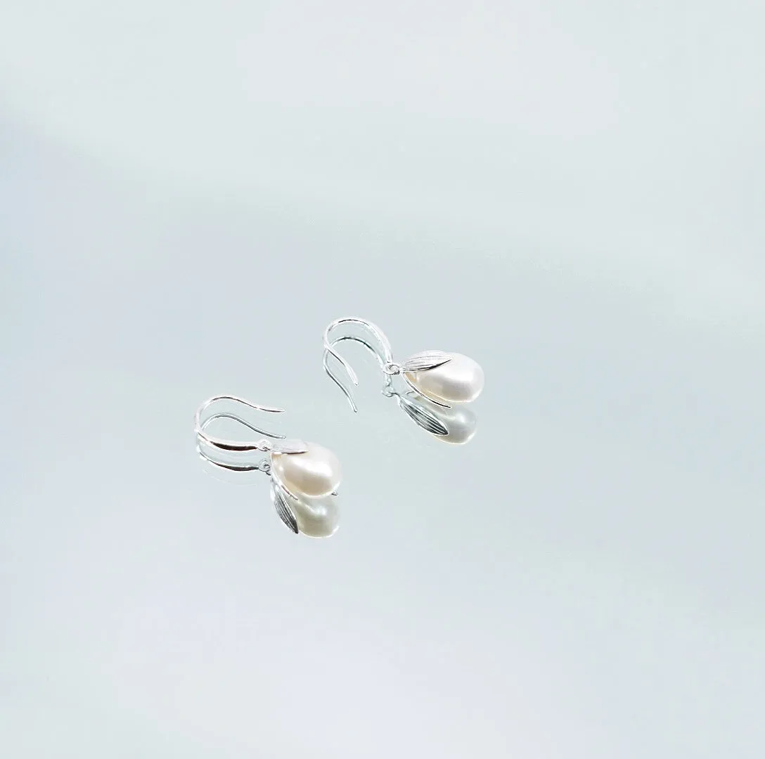 White Flower Petal Earrings in Sterling Silver